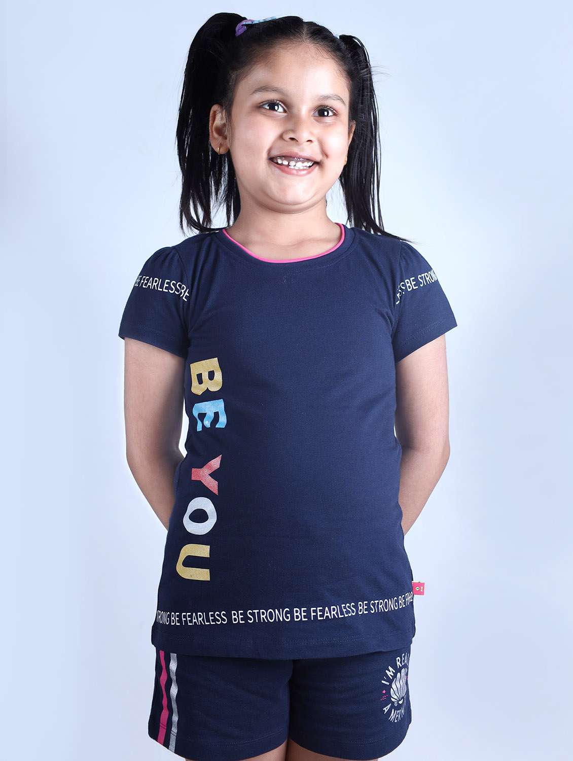 girls round neck typography printed shorts set - 19840821 -  Standard Image - 1