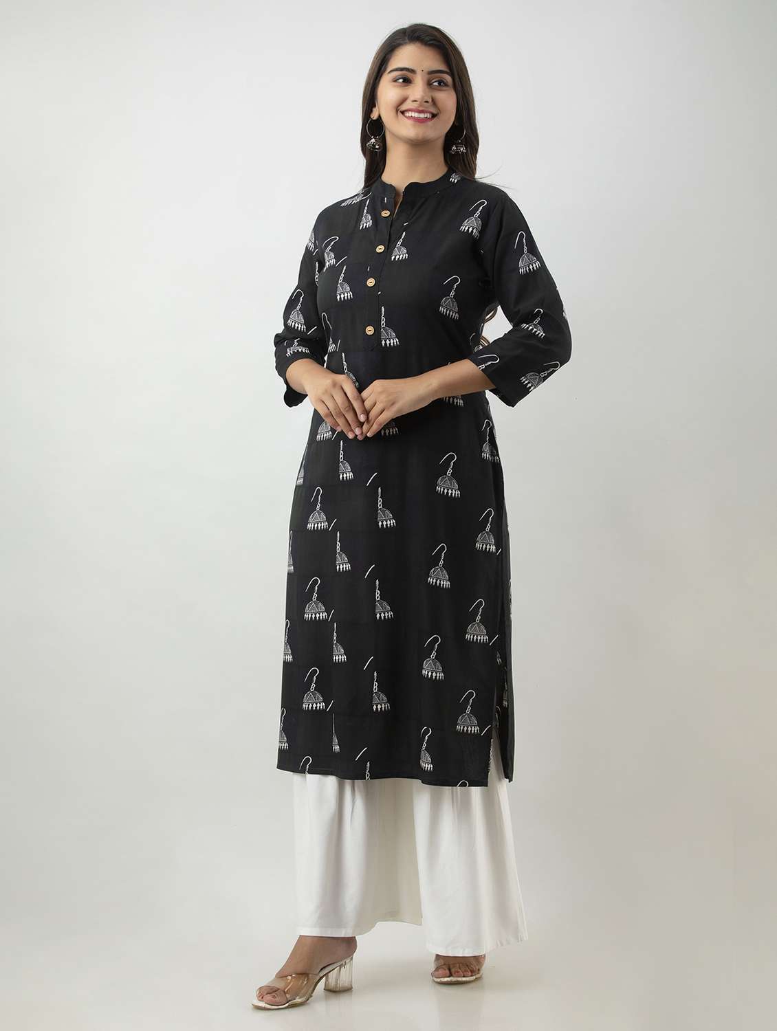 black printed three quarter sleeve kurta sharara set - 19847319 -  Standard Image - 1