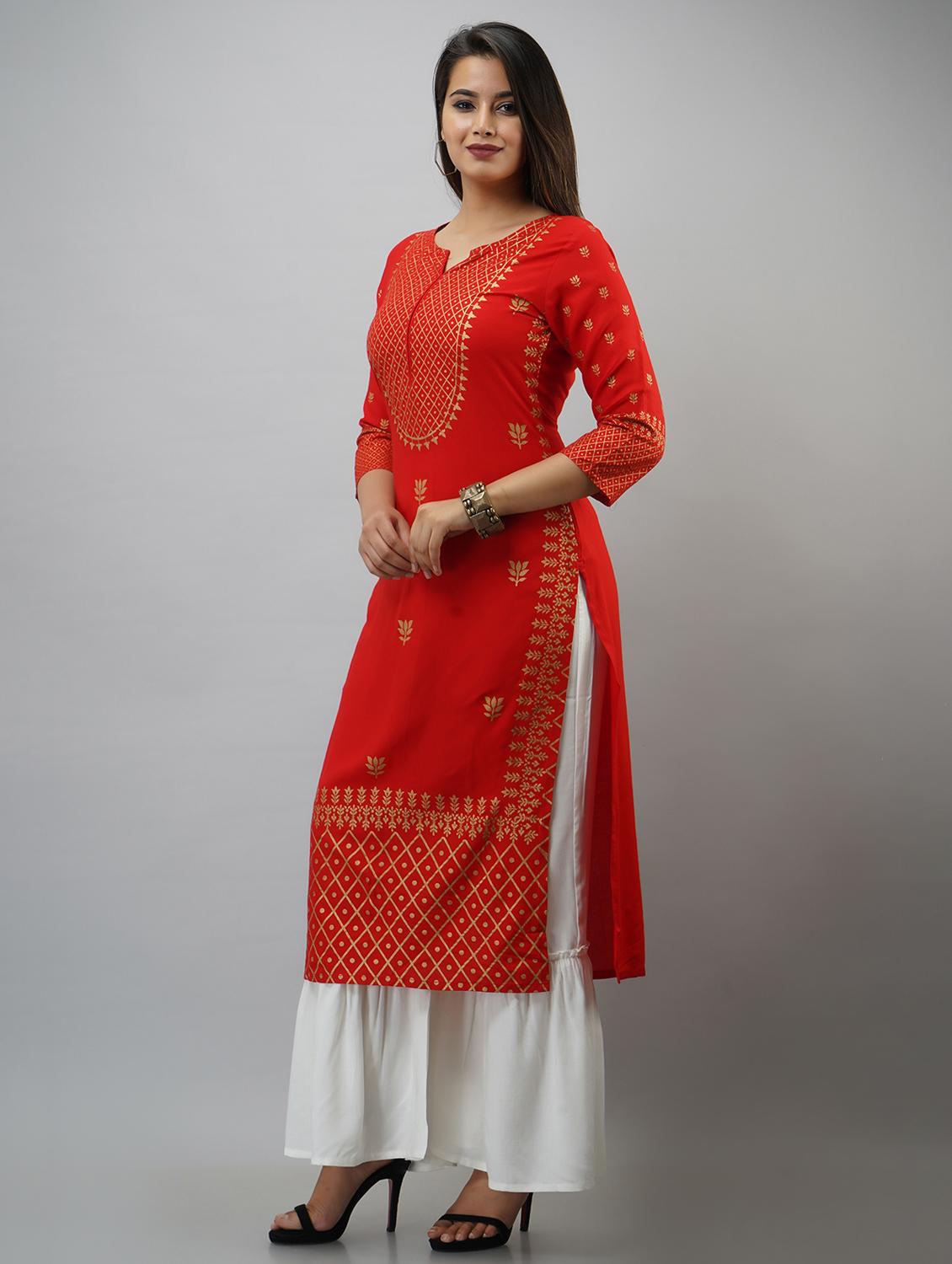 red printed three quarter sleeve kurta sharara set - 19847329 -  Standard Image - 1