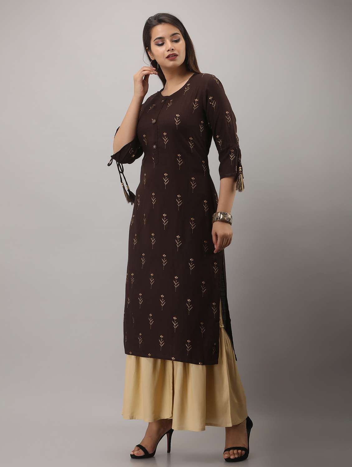 brown printed three quarter sleeve kurta sharara set - 19847335 -  Standard Image - 1