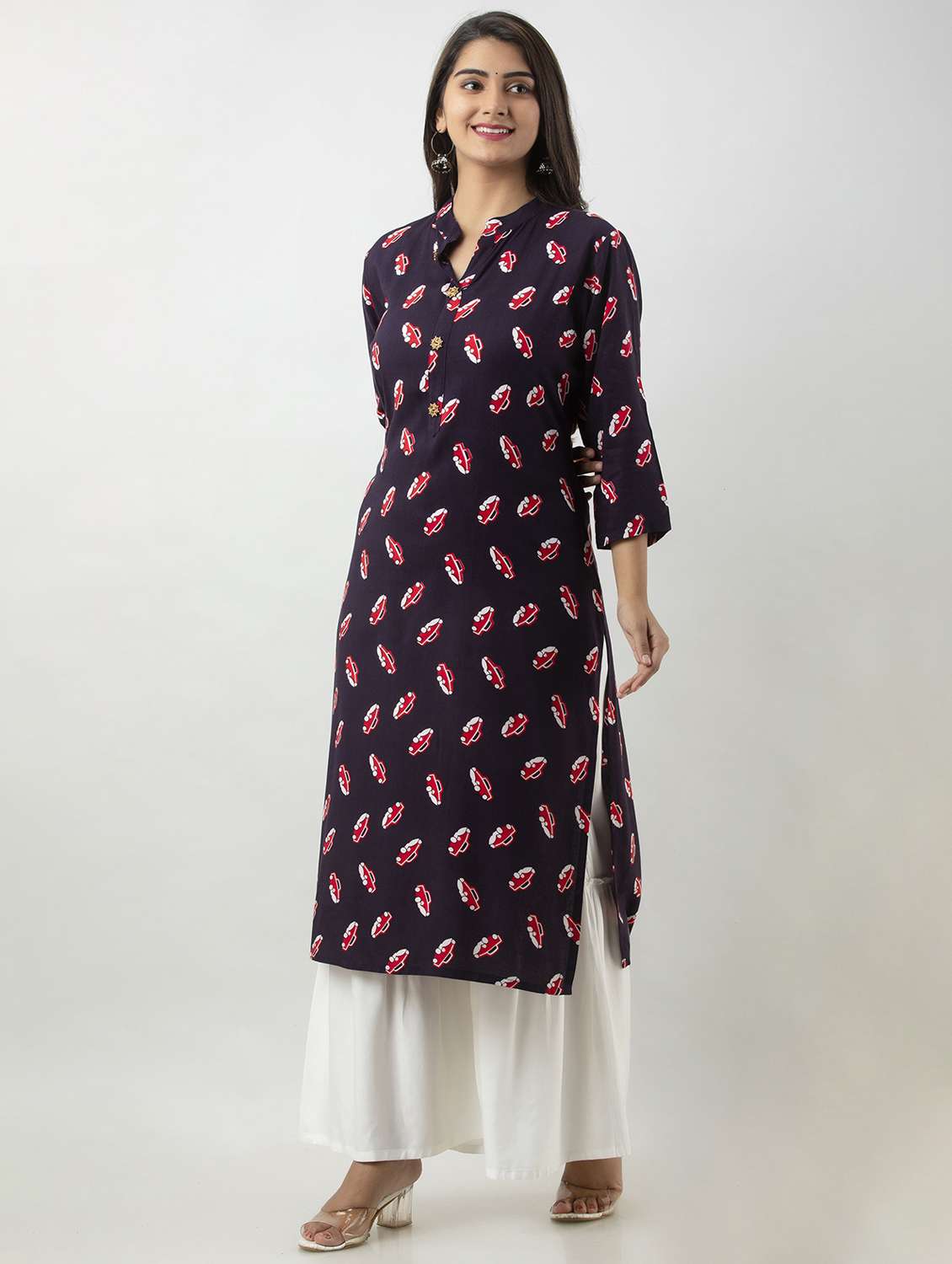 blue printed three quarter sleeve kurta sharara set - 19847341 -  Standard Image - 1