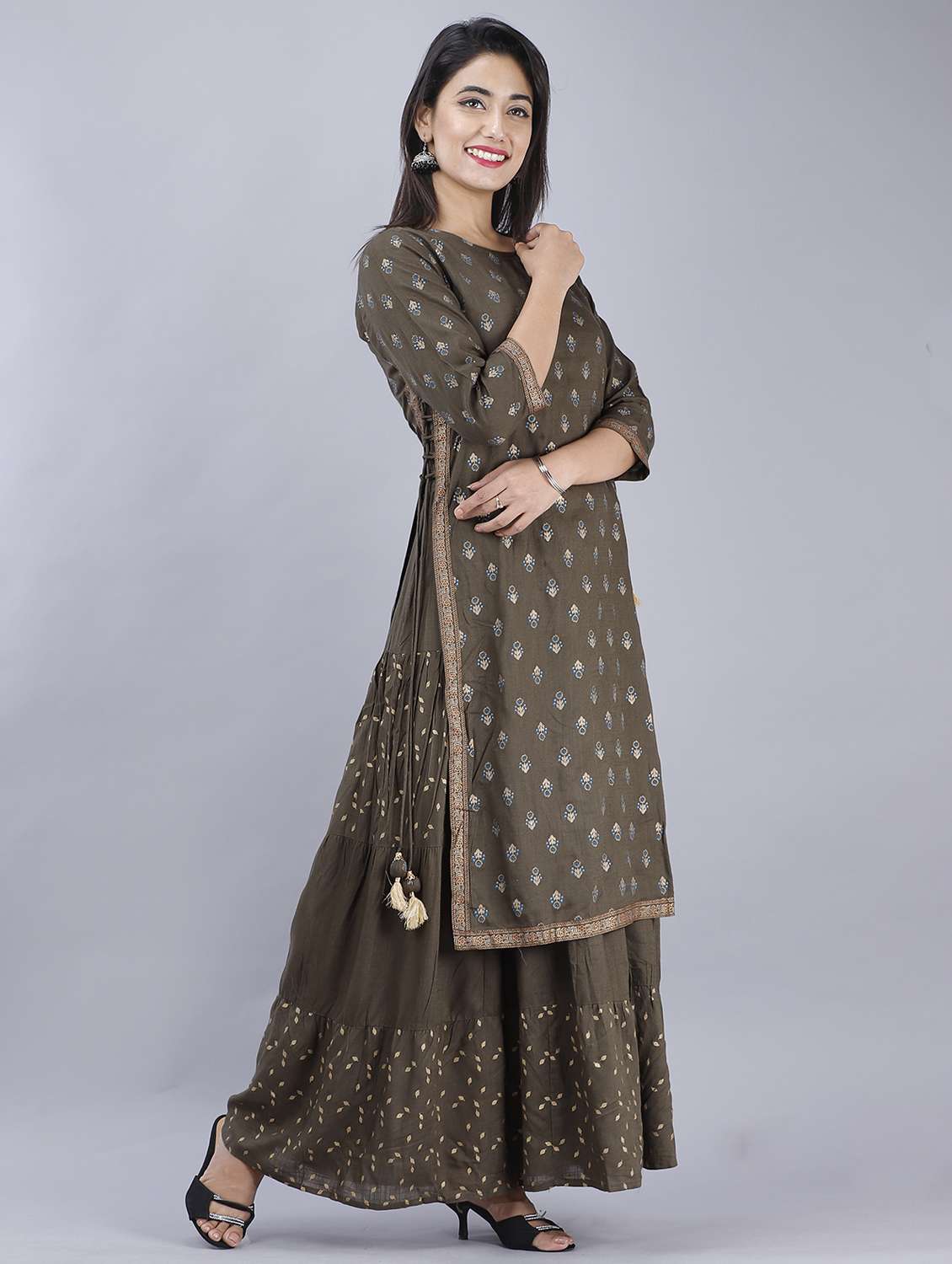 brown printed three quarter sleeve kurta sharara set - 19847345 -  Standard Image - 1