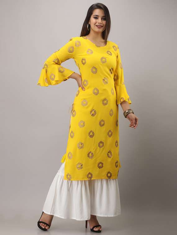 yellow printed three quarter sleeve kurta sharara set - 19847346 - Standard Image - 1
