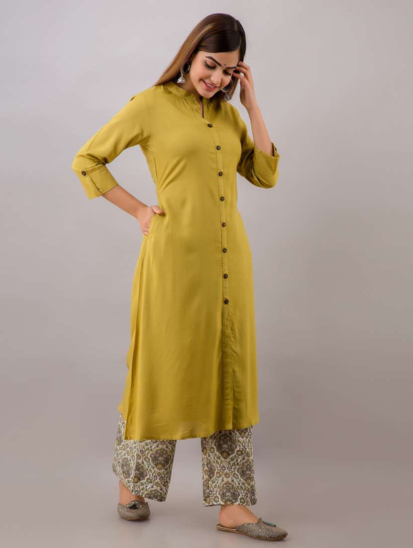 green solid three quarter sleeve kurta  - 19847384 -  Standard Image - 1