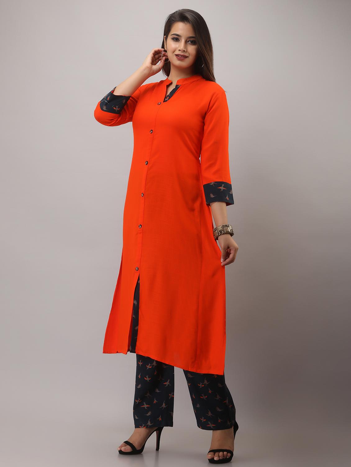 orange solid three quarter sleeve kurta palazzo set - 19847390 -  Standard Image - 1