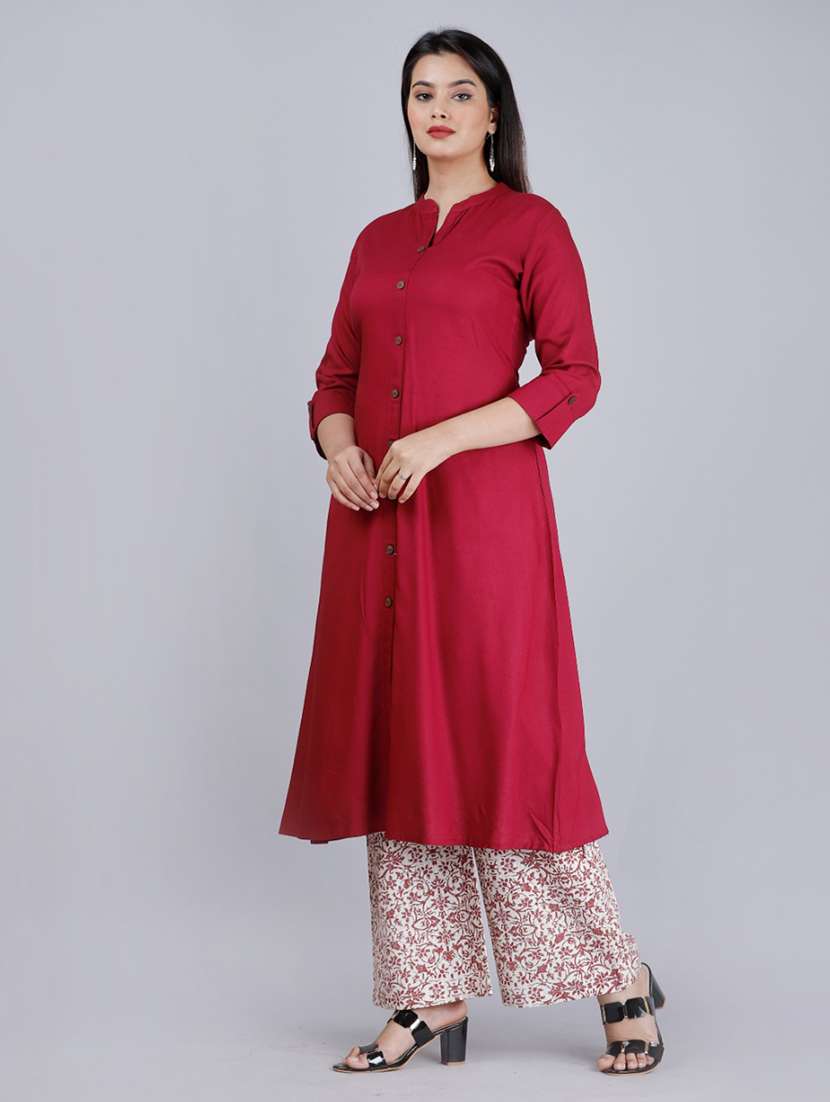 maroon solid three quarter sleeve kurta palazzo set - 19847399 -  Standard Image - 1