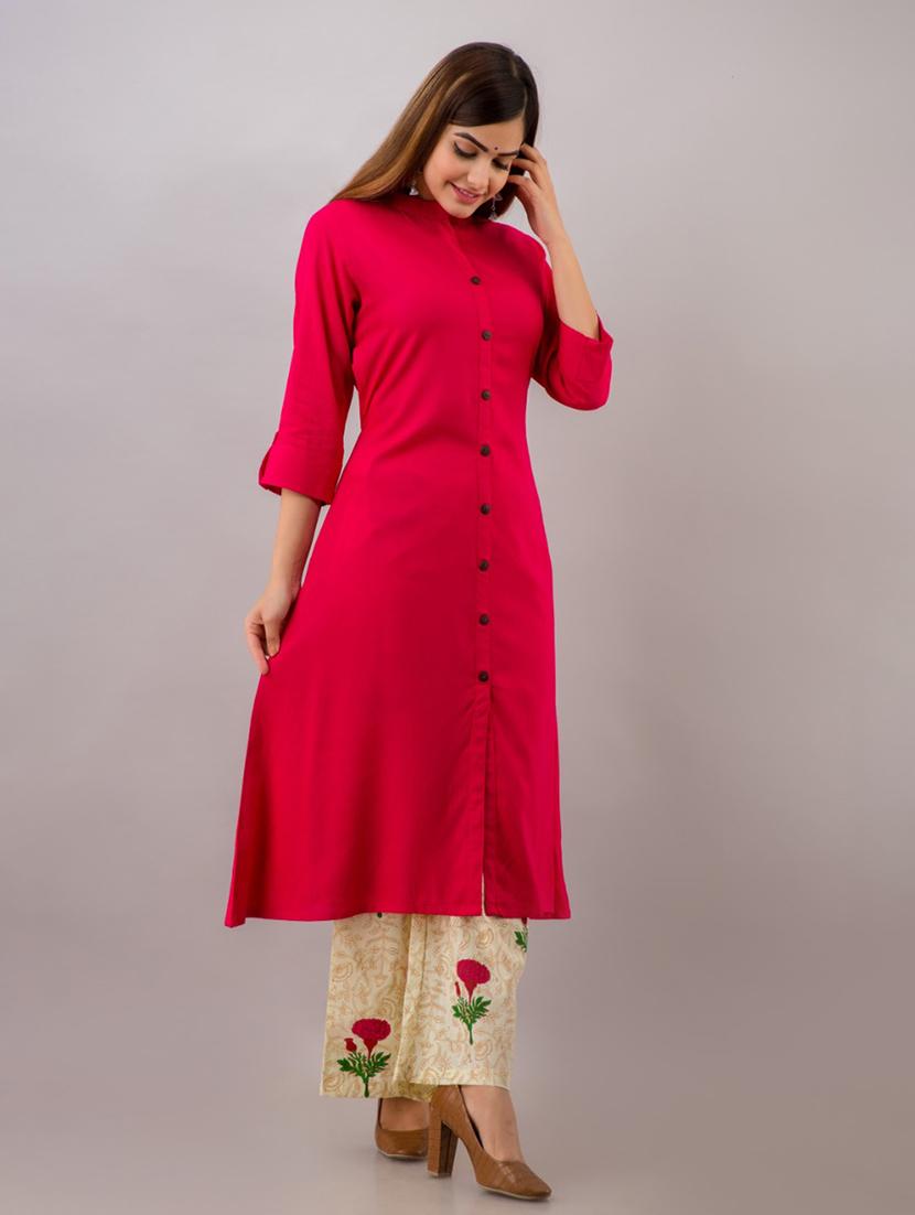 pink solid three quarter sleeve kurta palazzo set - 19847414 -  Standard Image - 1