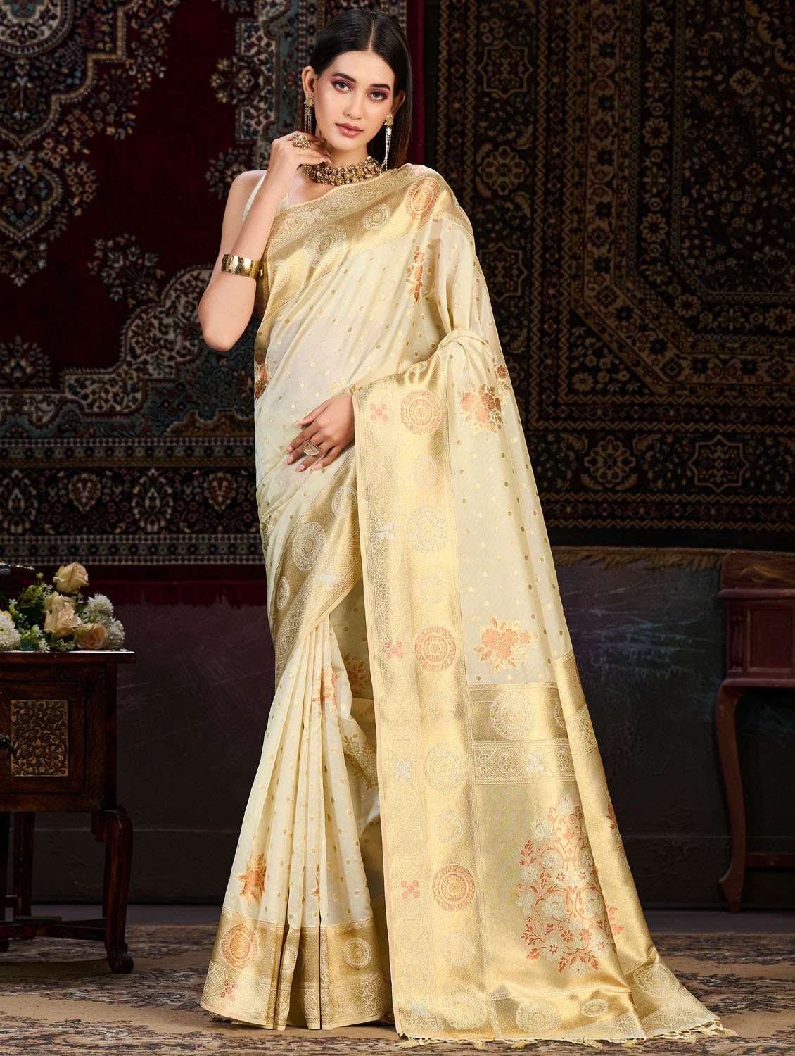 women's self design off white colored saree