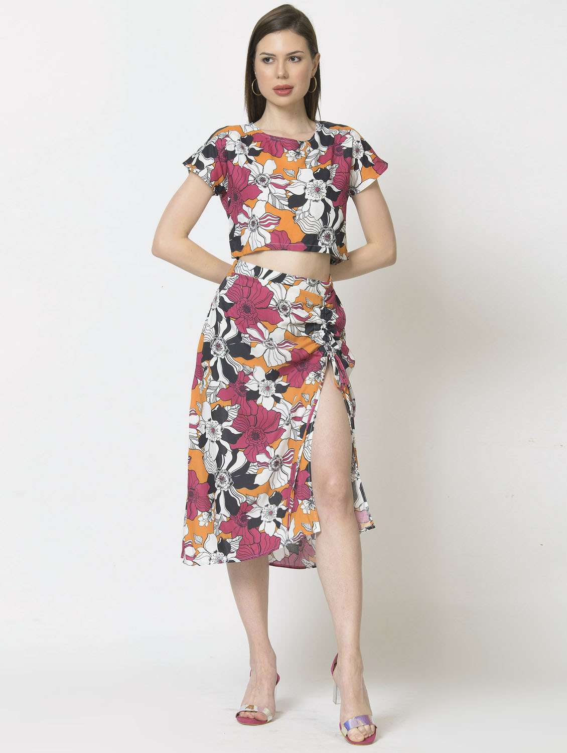 pink floral print top and skirt co-ord set