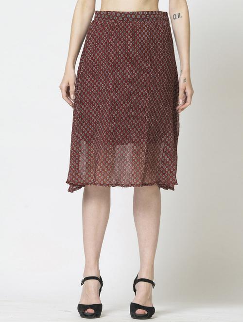 maroon printed georgette pleated skirt - 19848237 - Standard Image - 0