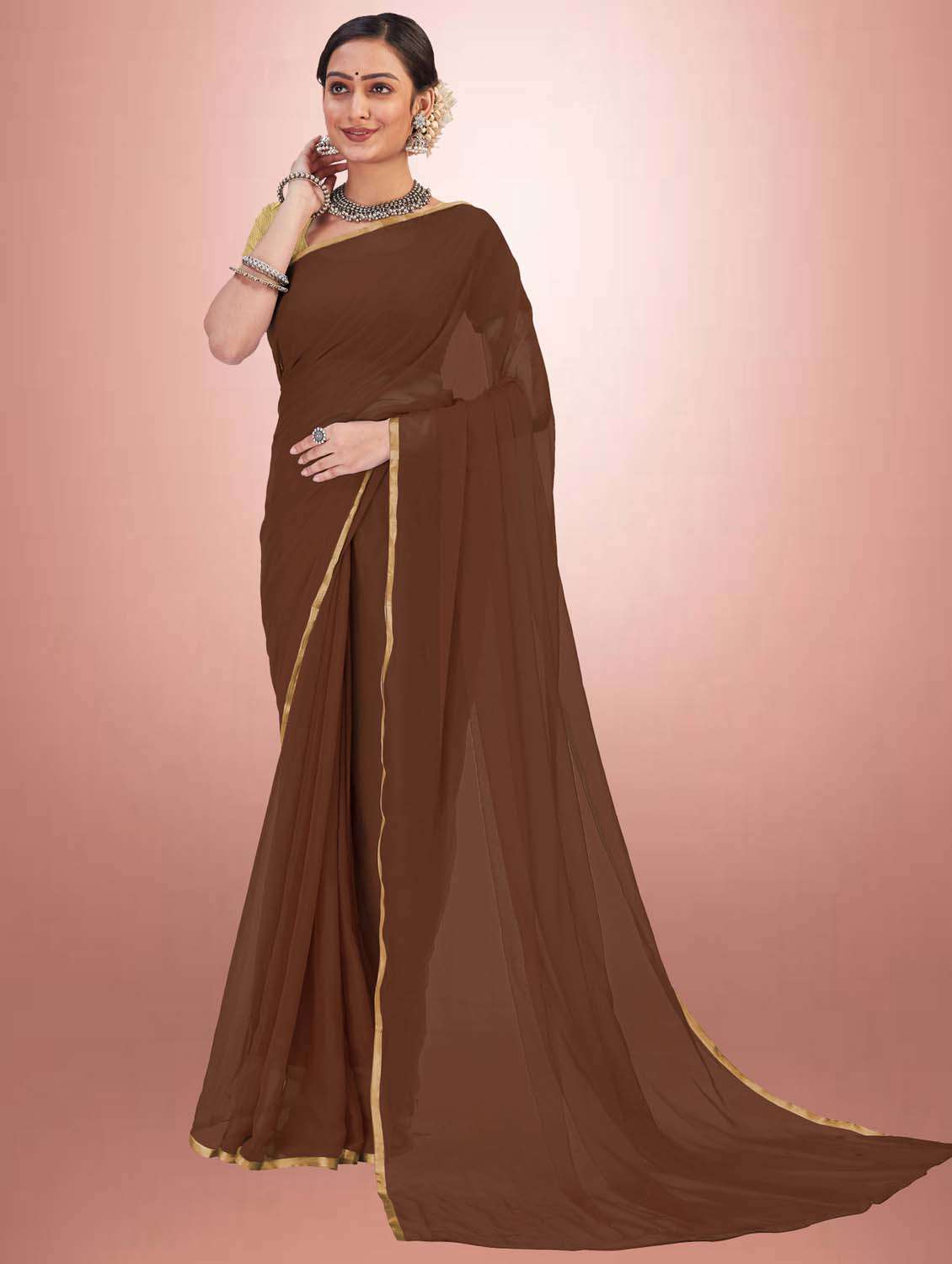 women's solid coffee brown colored saree