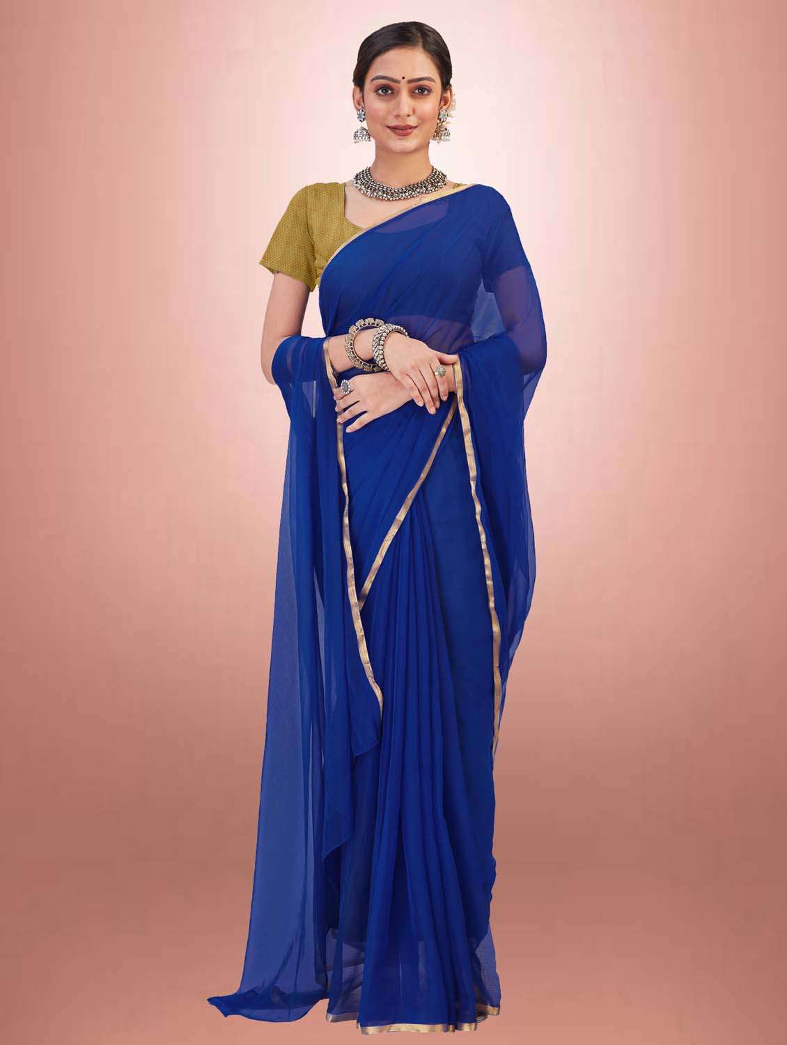 women's solid royal blue colored saree with blouse