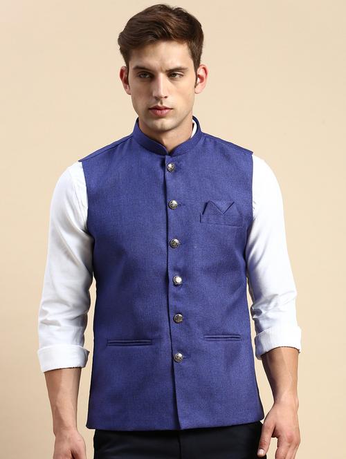 blue cotton nehru jacket - 19855899 -  Standard Image - 0