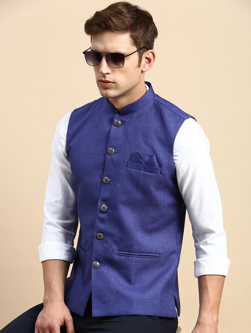 blue cotton nehru jacket - 19855899 -  Standard Image - 1