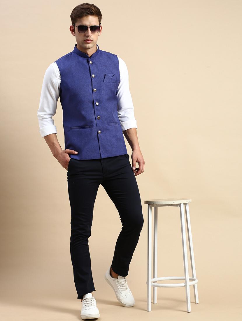 blue cotton nehru jacket - 19855899 - Standard Image - 4