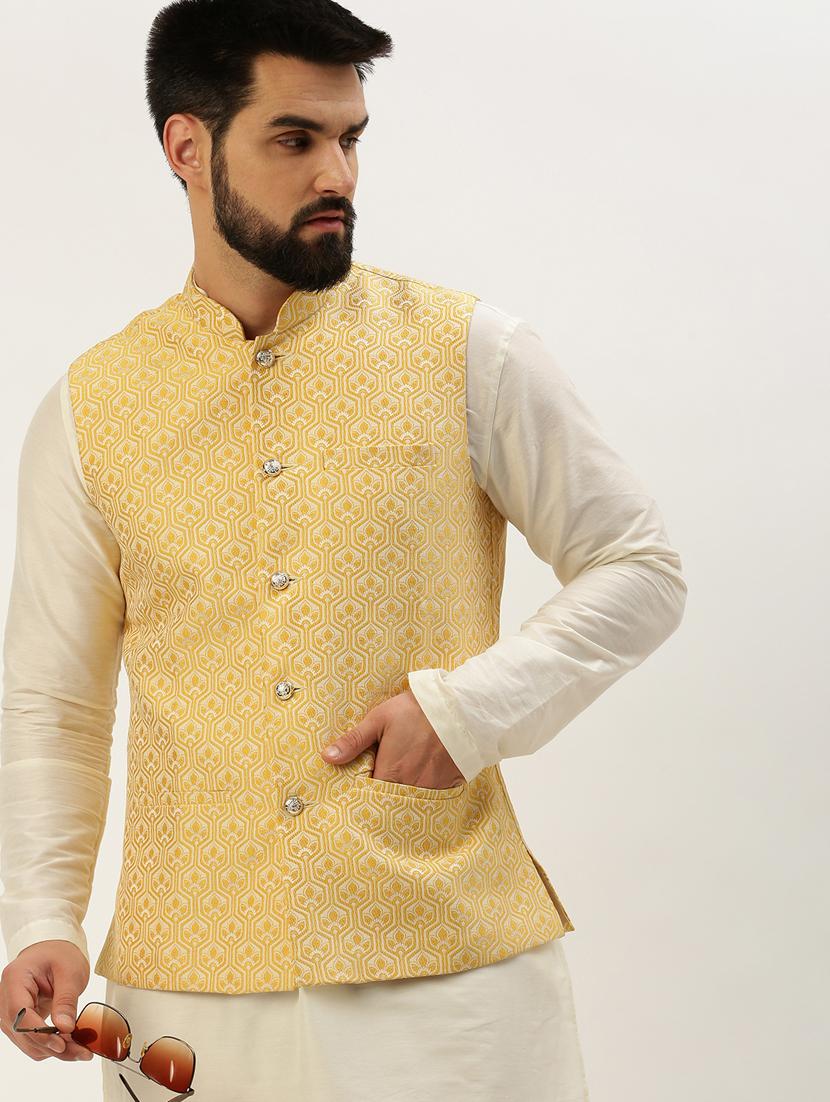 yellow silk blend nehru jacket - 19855926 - Standard Image - 1