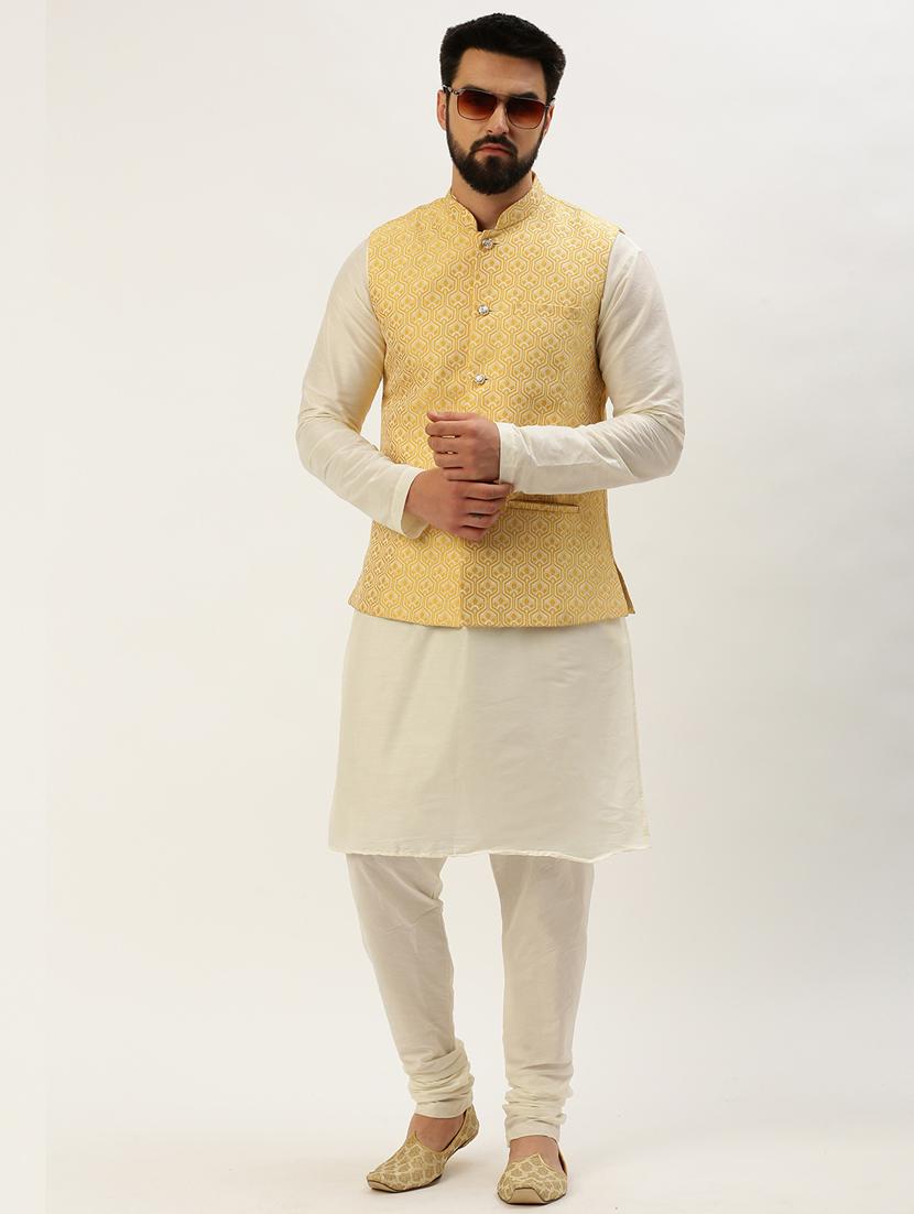 yellow silk blend nehru jacket - 19855926 - Standard Image - 4