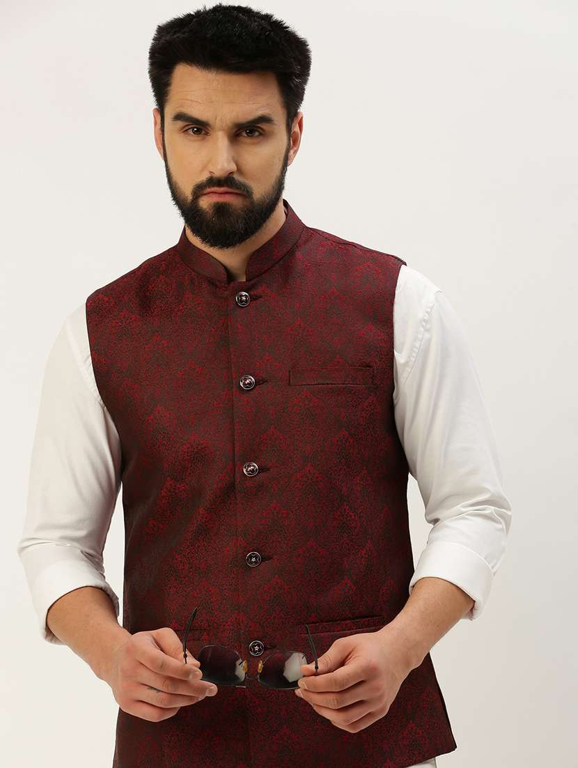 red silk blend nehru jacket - 19855930 -  Standard Image - 1