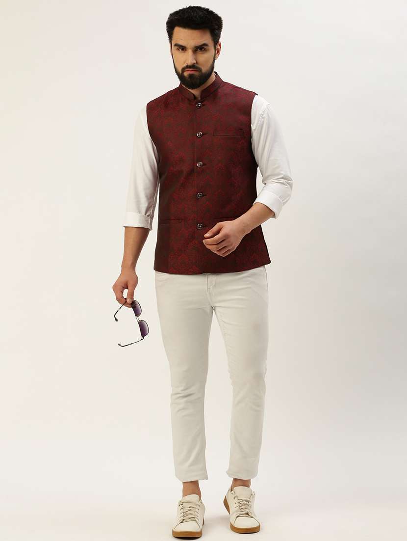 red silk blend nehru jacket - 19855930 -  Standard Image - 4