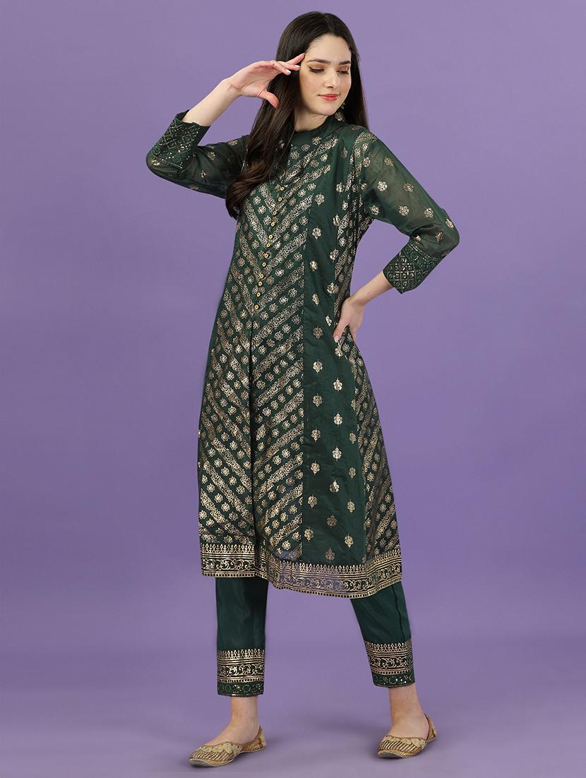 green chanderi kurta pant  set - 19856611 -  Standard Image - 1