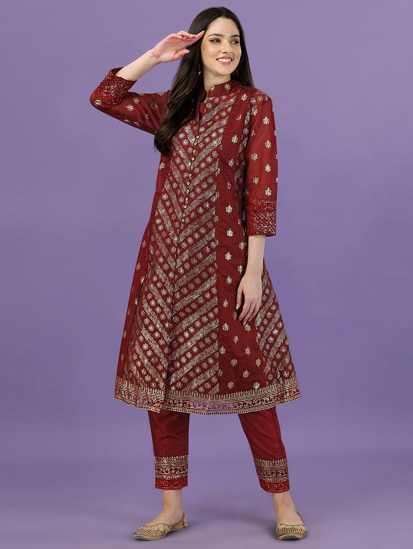 red chanderi kurta pant  set - 19856613 -  Standard Image - 1