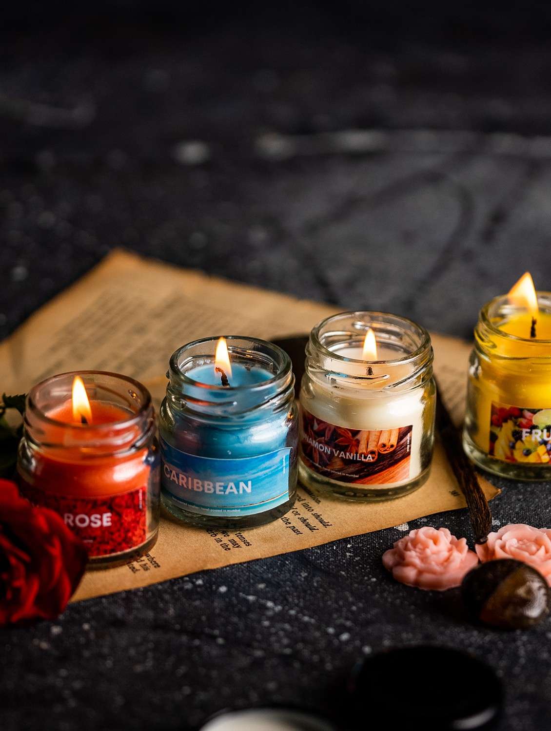 candle pack of 4 scents (royal rose, carribean, cinnamon vanilla, fruit punch)