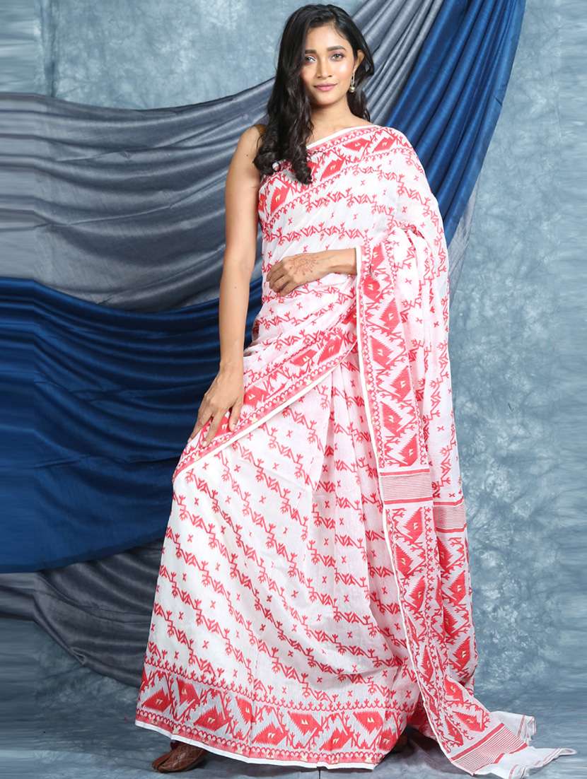 women's self design white colored saree with blouse