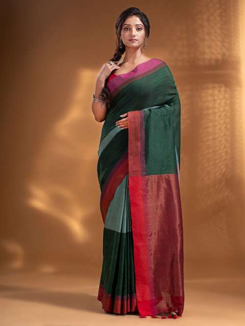 women's color block green colored saree with blouse - 19866238 -  Standard Image - 0