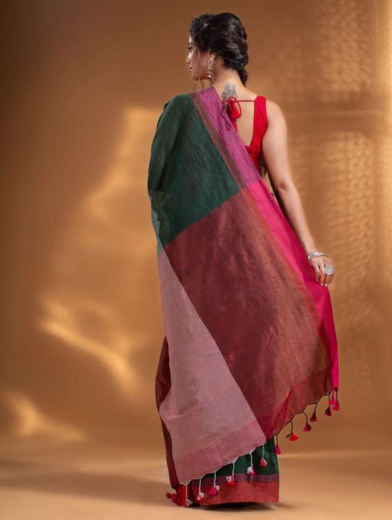 women's color block green colored saree with blouse - 19866238 -  Standard Image - 1