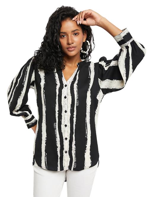 black striped mandarin neck regular shirt - 19866699 - Standard Image - 0