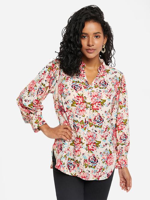 white floral print mandarin neck regular shirt - 19866705 -  Standard Image - 0