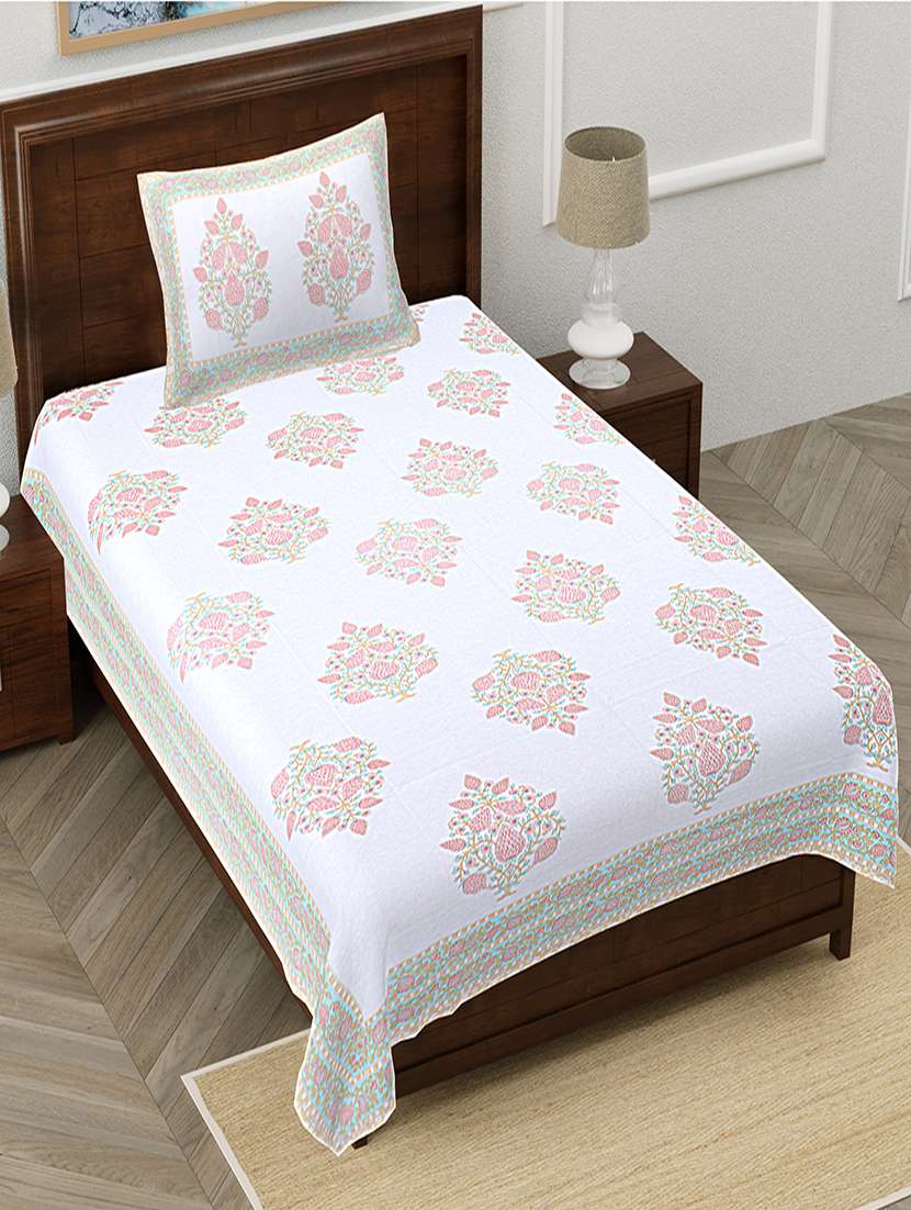 texstylers pure cotton white base floral 60x90 inches single bedsheet with 1 pillow cover