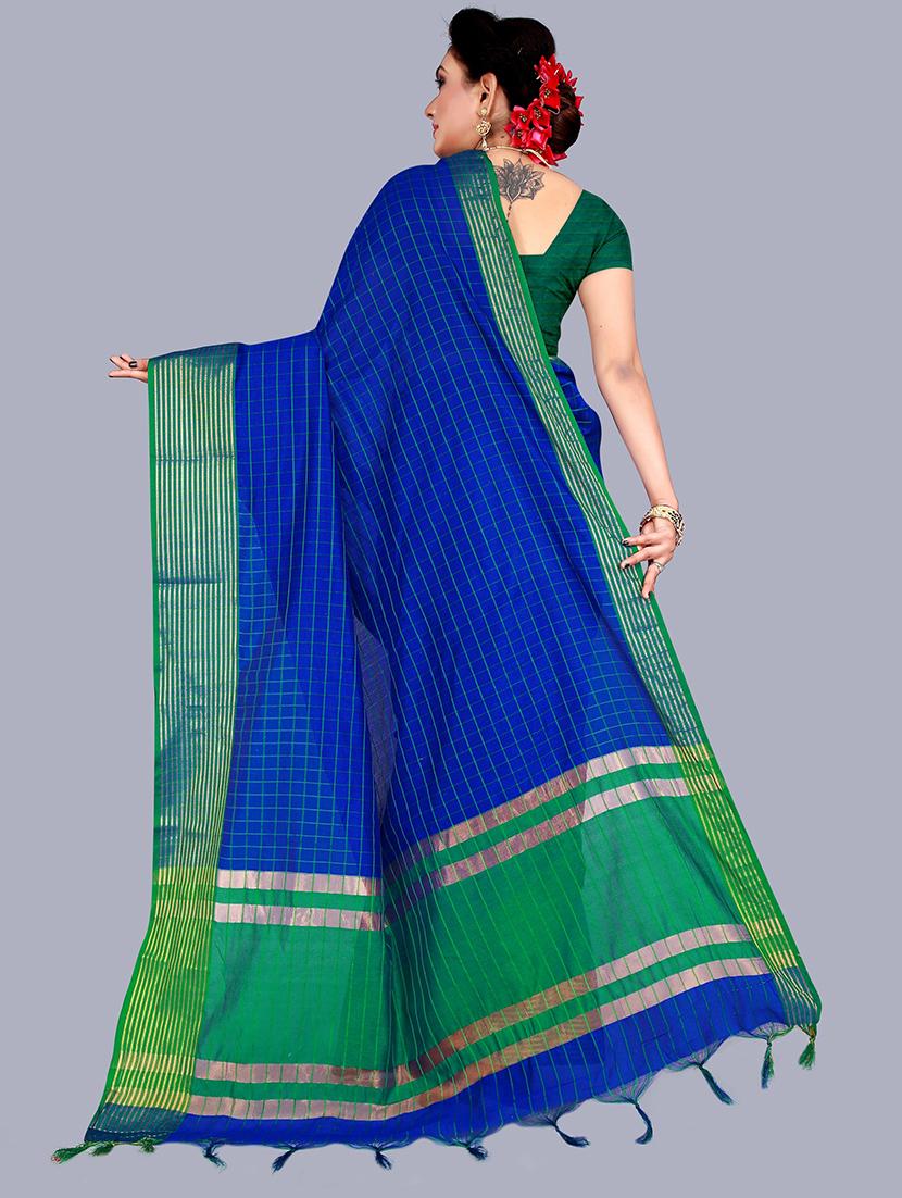 women's checks royal blue colored saree with blouse - 19866885 - Standard Image - 1