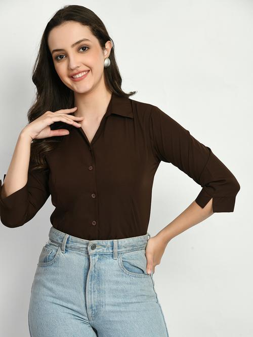 brown solid three quarter sleeves regular shirt - 19866983 - Standard Image - 0