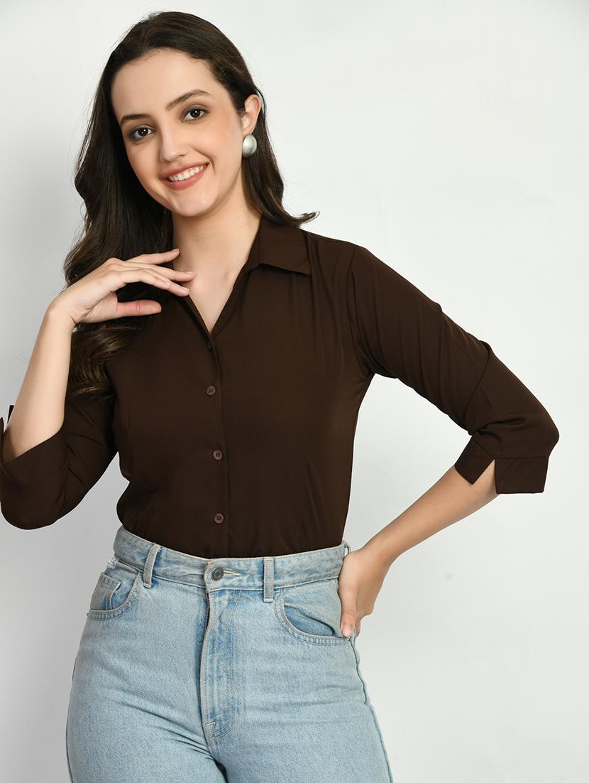 brown solid three quarter sleeves regular shirt - 19866983 - Zoom Image - 0