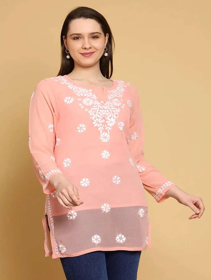 ada wome's hand embroidered peach georgette lucknowi chikankari straight kurti with slip