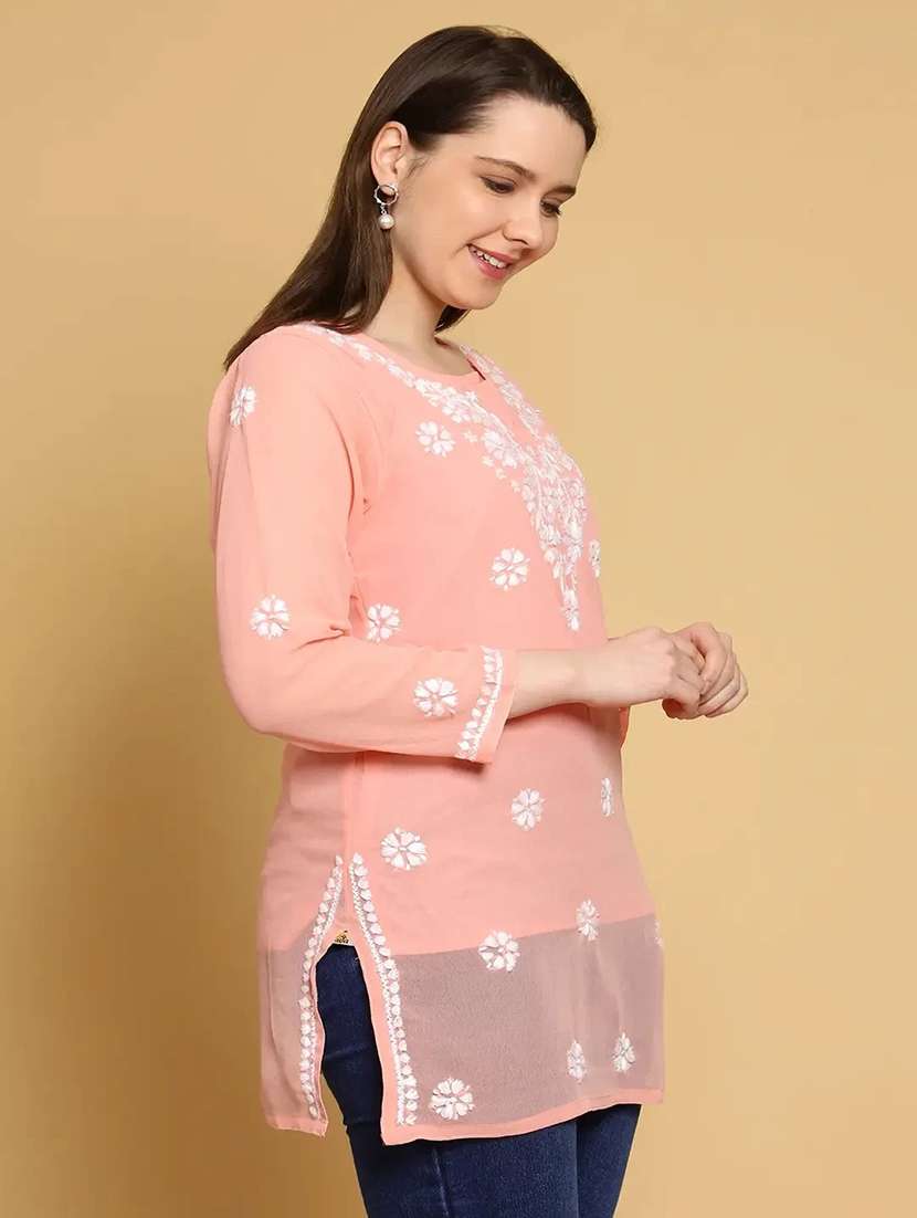 ada wome's hand embroidered peach georgette lucknowi chikankari straight kurti with slip - 19868559 -  Standard Image - 1
