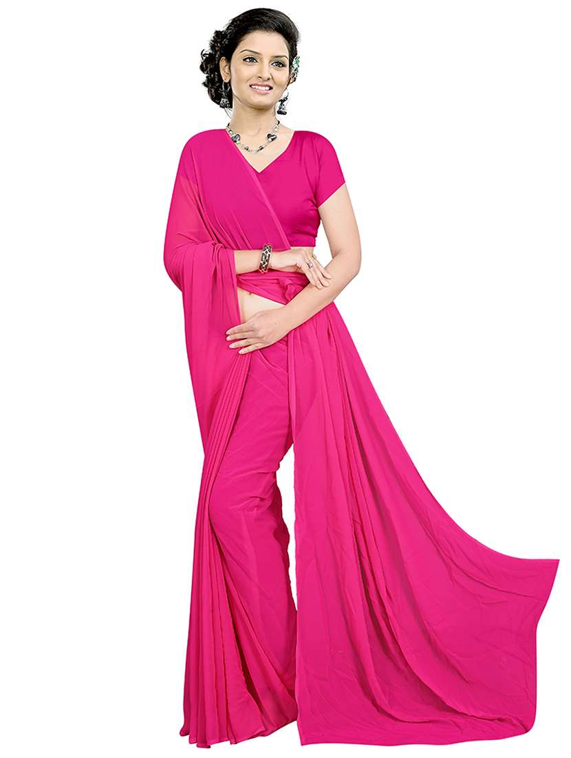 women's solid pink colored saree with blouse