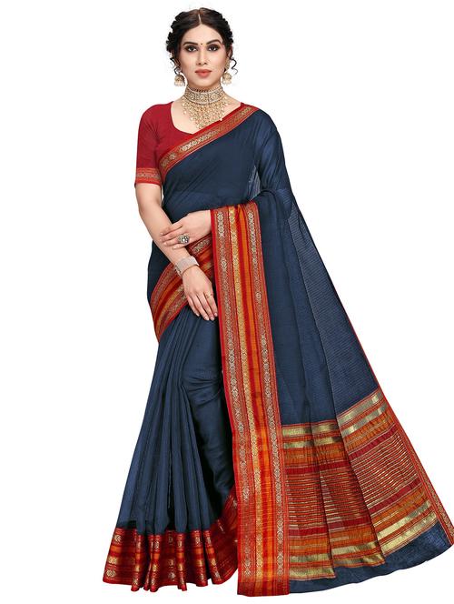 women's self design navy blue colored saree with blouse - 19870340 -  Standard Image - 0