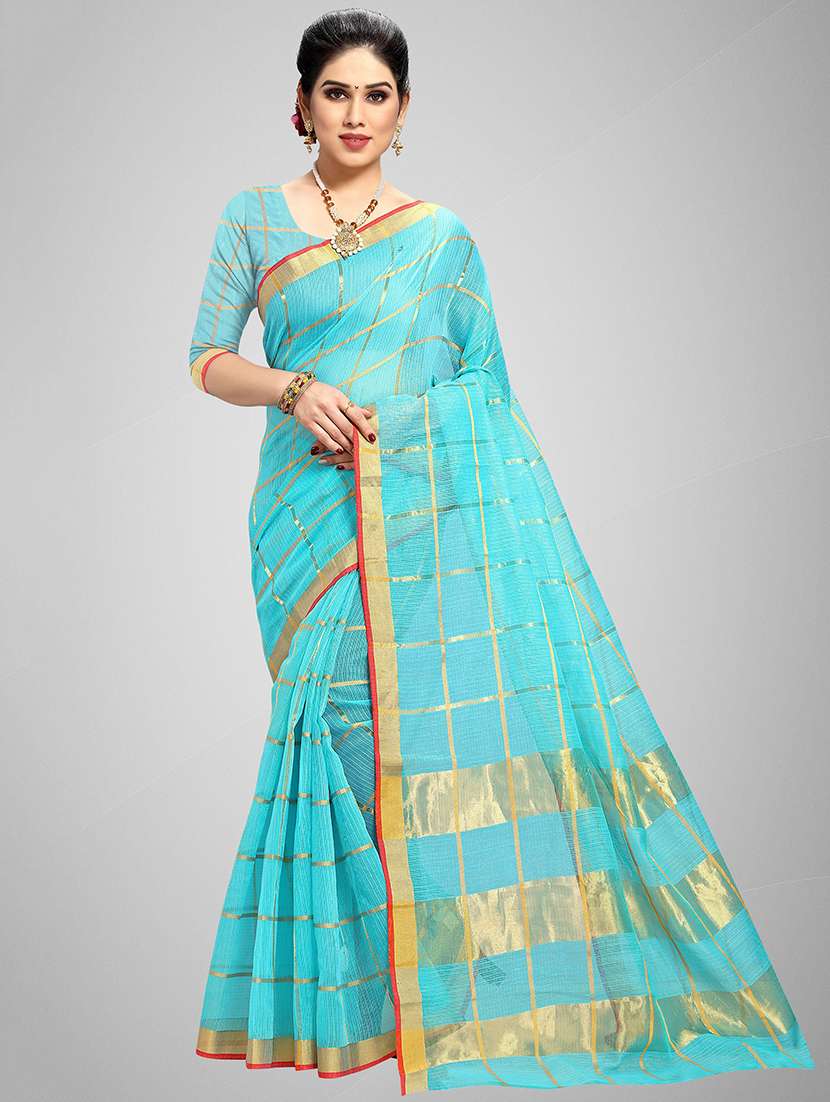 women's self design turquoise colored saree with blouse