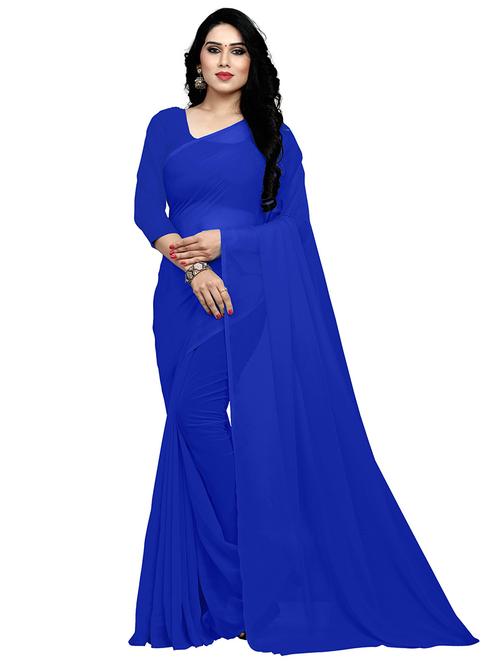 women's solid royal blue colored saree with blouse - 19870404 -  Standard Image - 0