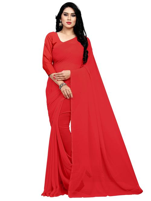 women's solid red colored saree with blouse - 19870409 - Standard Image - 0