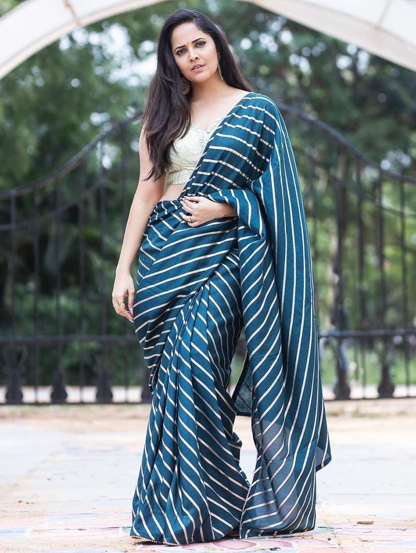 women's stripes blue colored saree with blouse