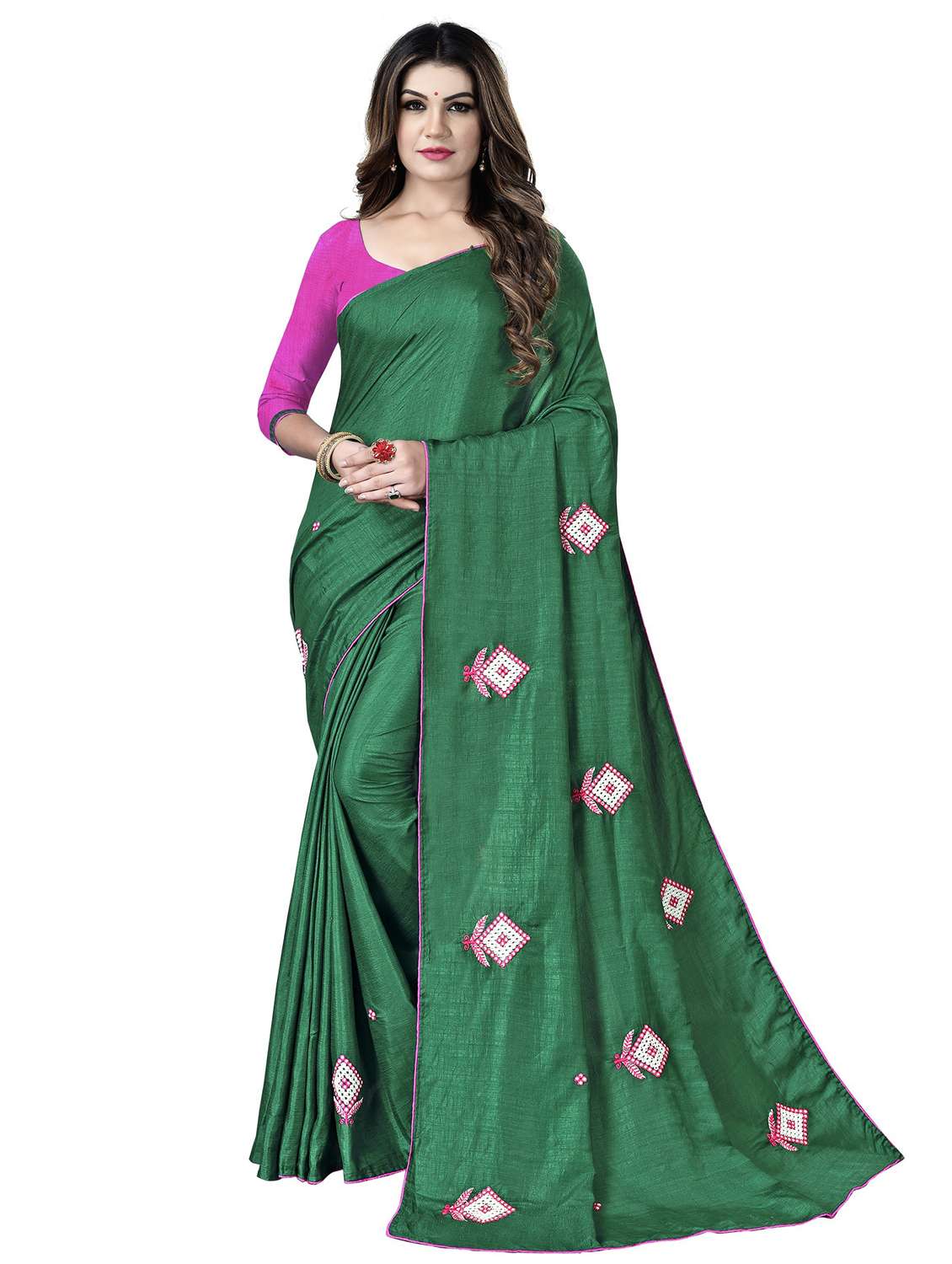 women's self design dark green colored saree with blouse