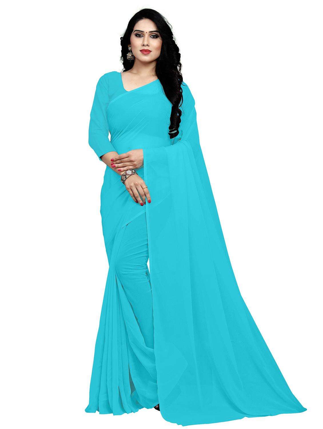 women's solid light blue colored saree with blouse