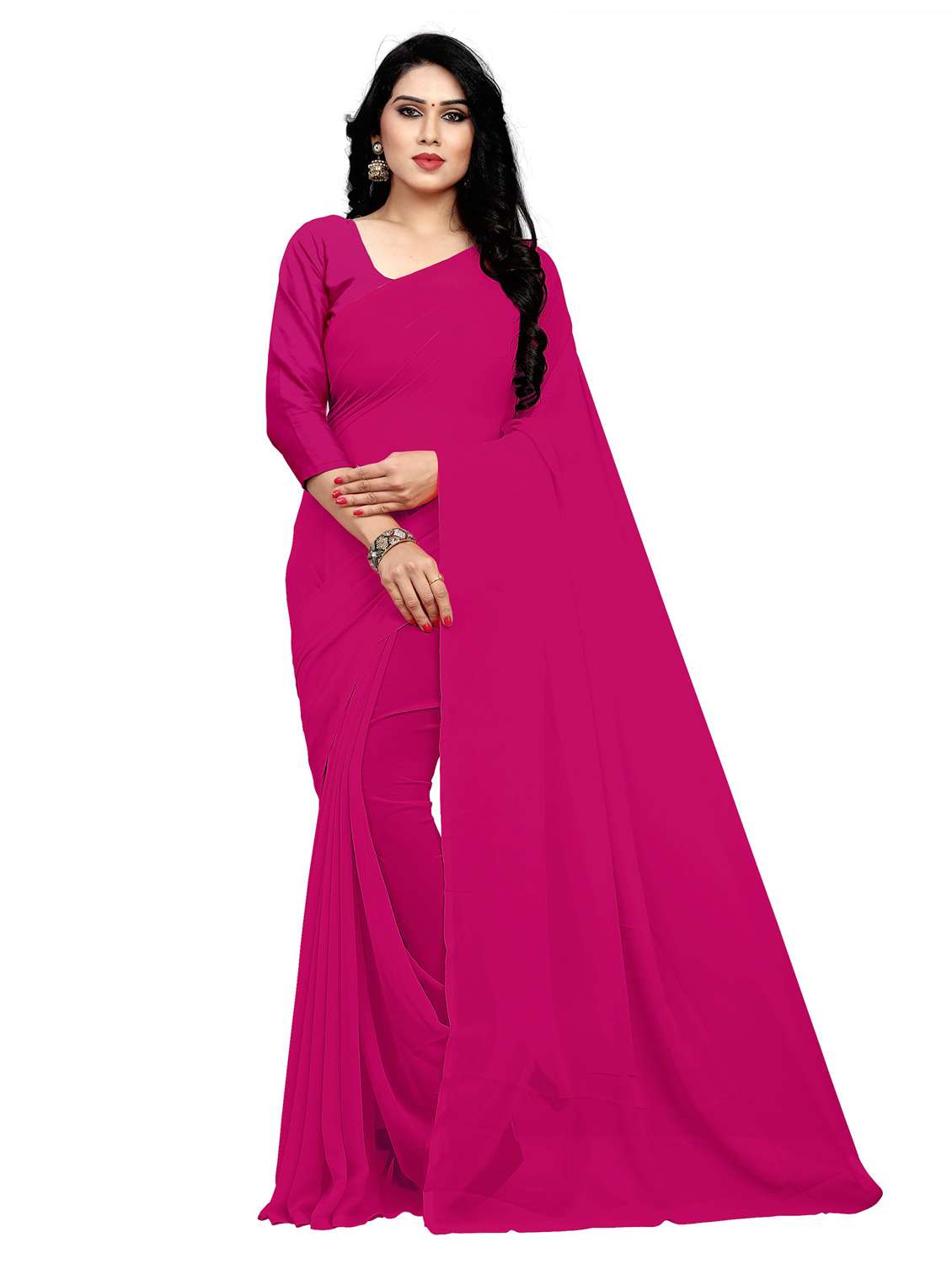 women's solid pink colored saree with blouse