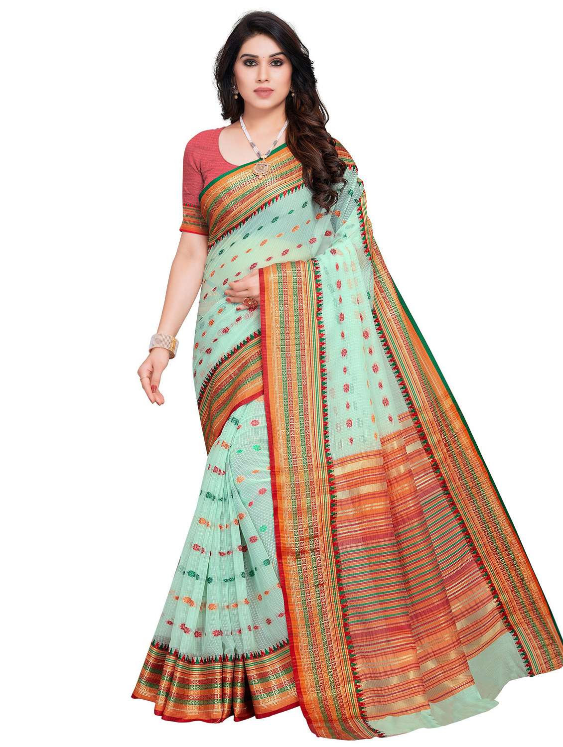 women's self design light green colored saree with blouse