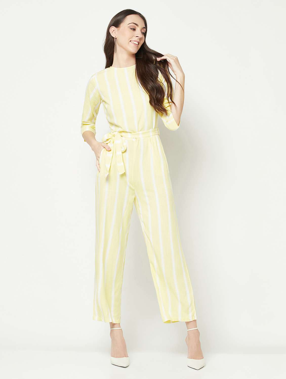 yellow striped crew neck full length jumpsuit - 19872939 -  Standard Image - 1