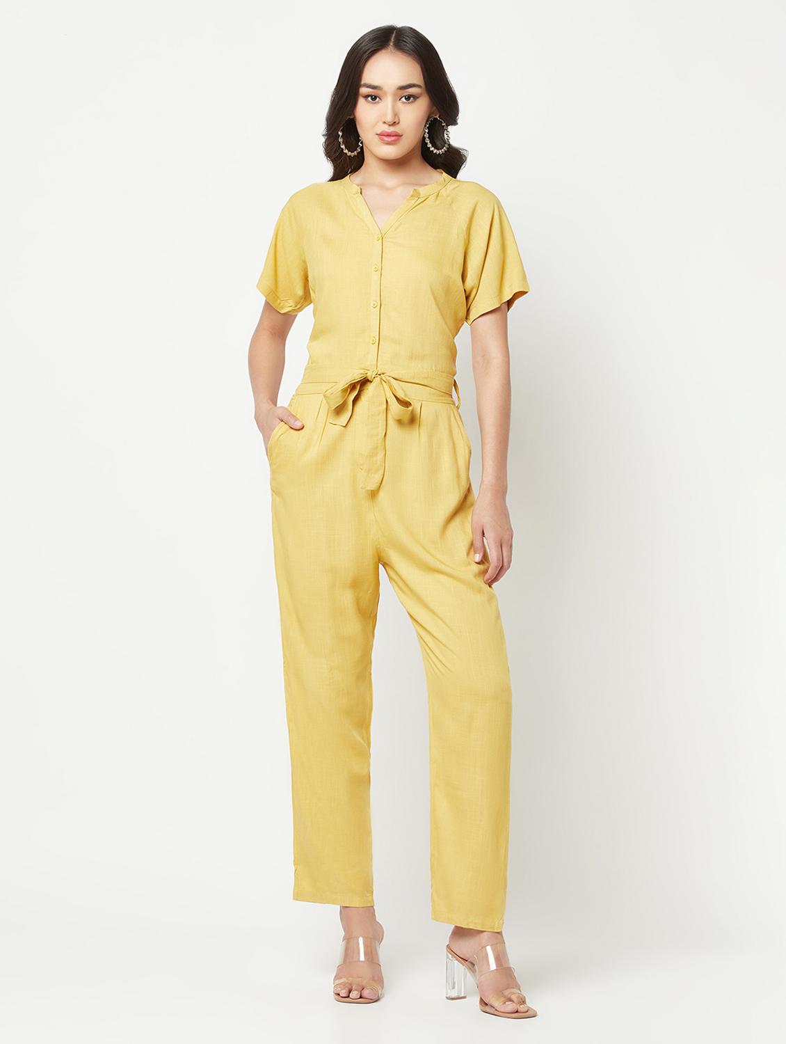 yellow solid mandarin neck full length jumpsuit - 19872940 - Standard Image - 1