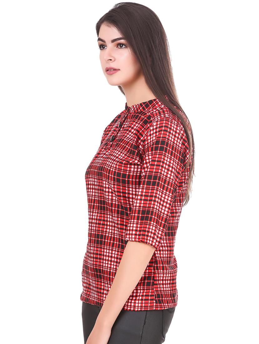 red check print mandarin neck regular top - 19875591 - Standard Image - 1